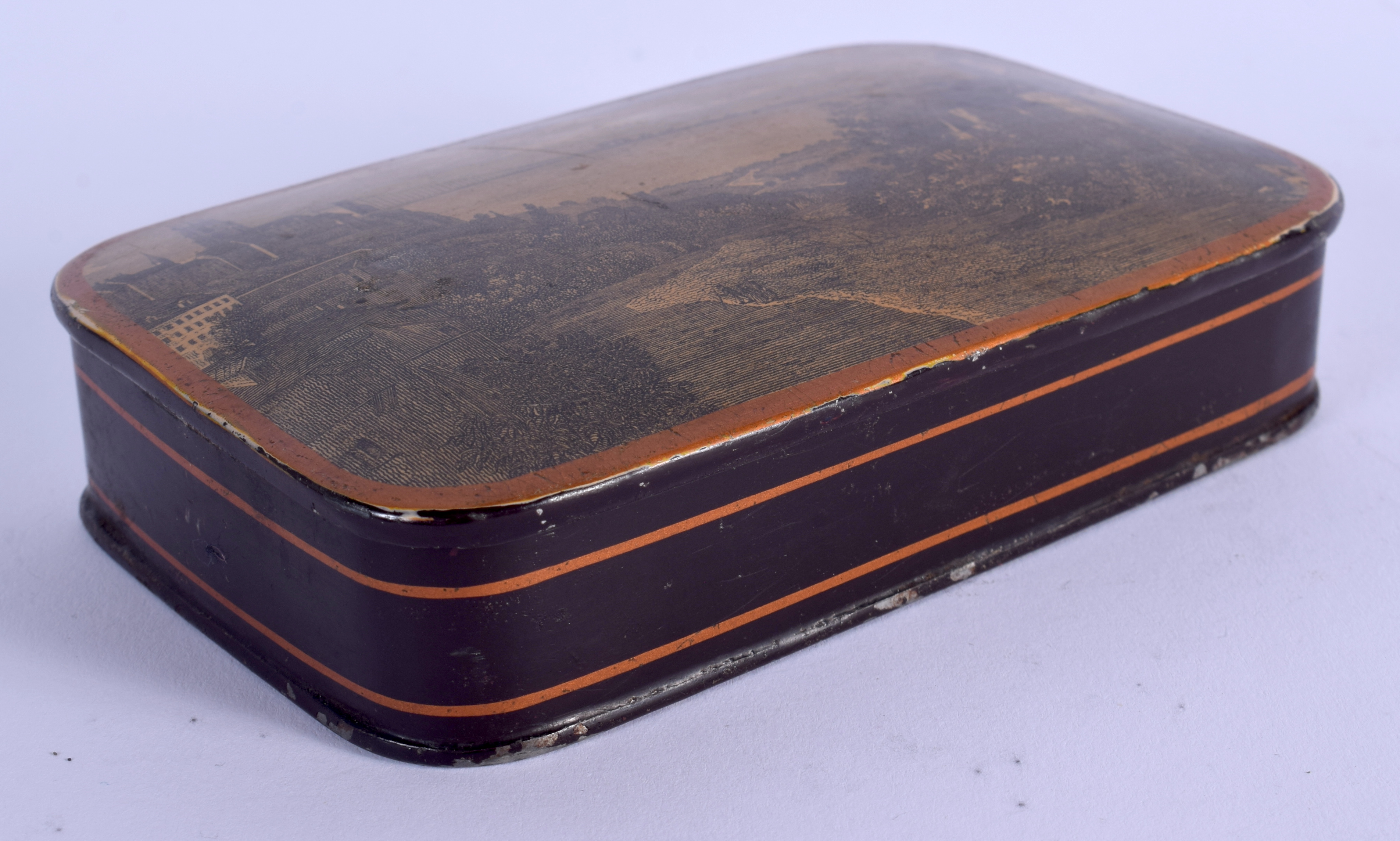 A LARGE MID 19TH CENTURY CARVED AND LACQUERED WOOD SNUFF BOX printed with landscapes. 12 cm x 8 cm.