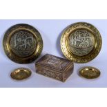 A 19TH CENTURY MIDDLE EASTERN SILVER INLAID CAIROWARE BOX together with a pair of similar dishes. La
