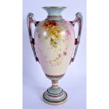 Royal Worcester two handled vase painted in prismatic enamels with flowers date code 1894. 25cm hig