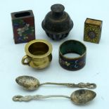 Two Cloisonne vesta cases ,napkin ring brass pot, Nagasaki spoons etc 6.5 cm (7)