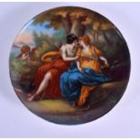 A 19TH CENTURY EUROPEAN VIENNA PORCELAIN DISH painted with two females and a putti. 20 cm diameter.