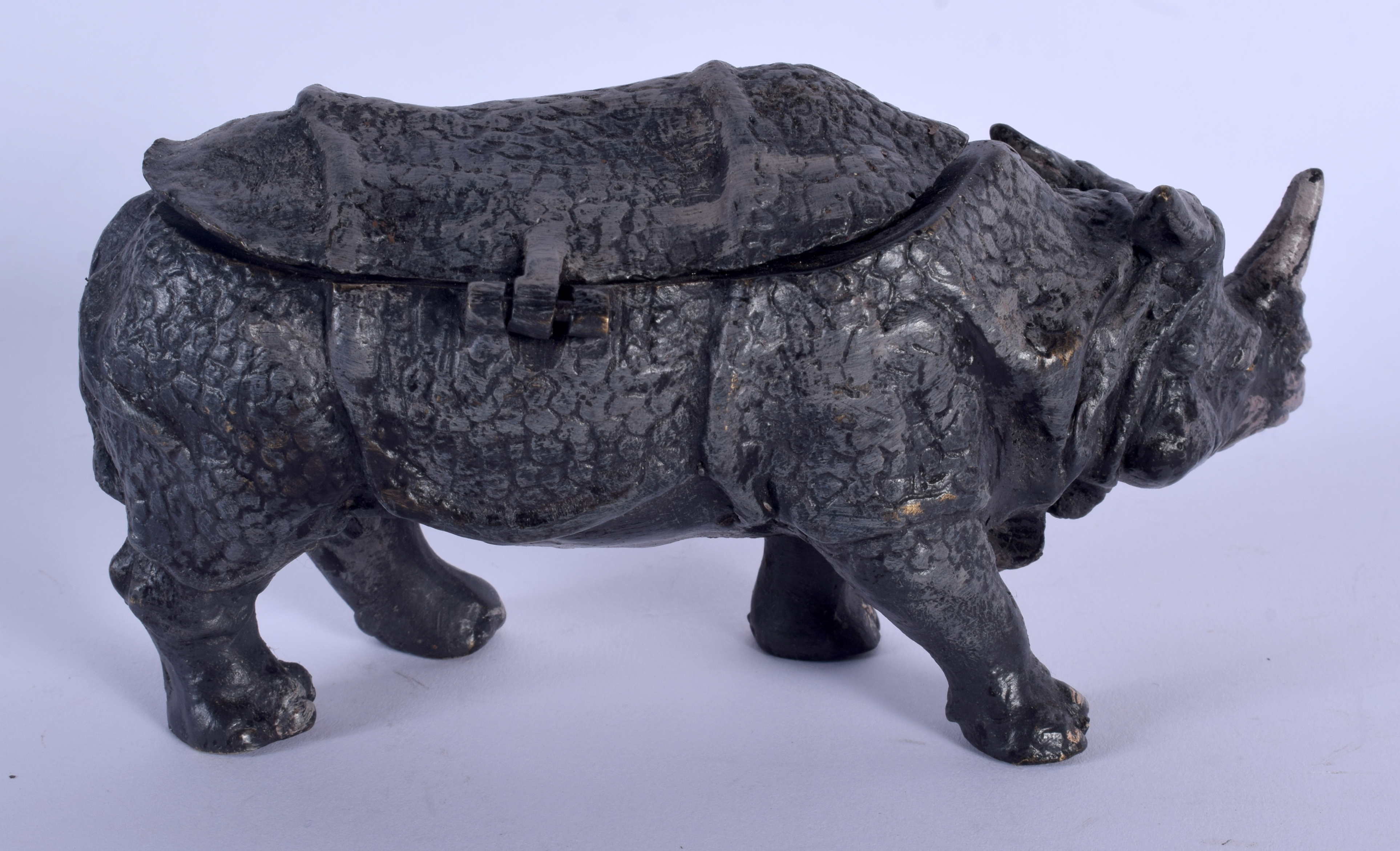 A CONTEMPORARY COLD PAINTED BRONZE RHINOCEROS INKWELL. 15 cm x 9 cm. - Image 2 of 3