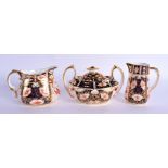 Royal Crown Derby imari pattern 2451 boat shaped sugar bowl and cover, a milk jug and cream jug. Bo