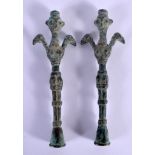 A PAIR OF MIDDLE EASTERN BRONZE LORISTAN FINALS of human and bird form. 15 cm long.