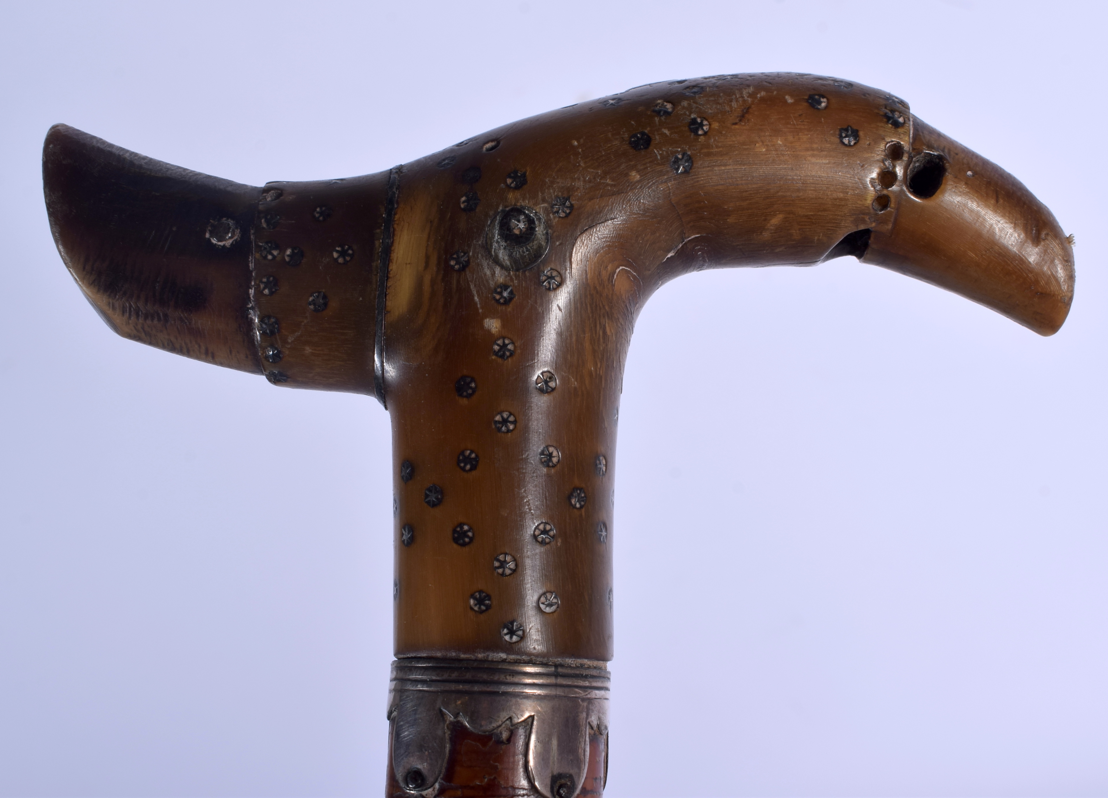 TWO 19TH CENTURY CONTINENTAL CARVED RHINOCEROS HORN HANDLED WALKING CANES with silver pique work han - Image 4 of 6