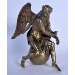 A 19TH CENTURY EUROPEAN BRONZE FIGURE OF A WINGED MALE modelled resting upon a circular orb. 21 cm x