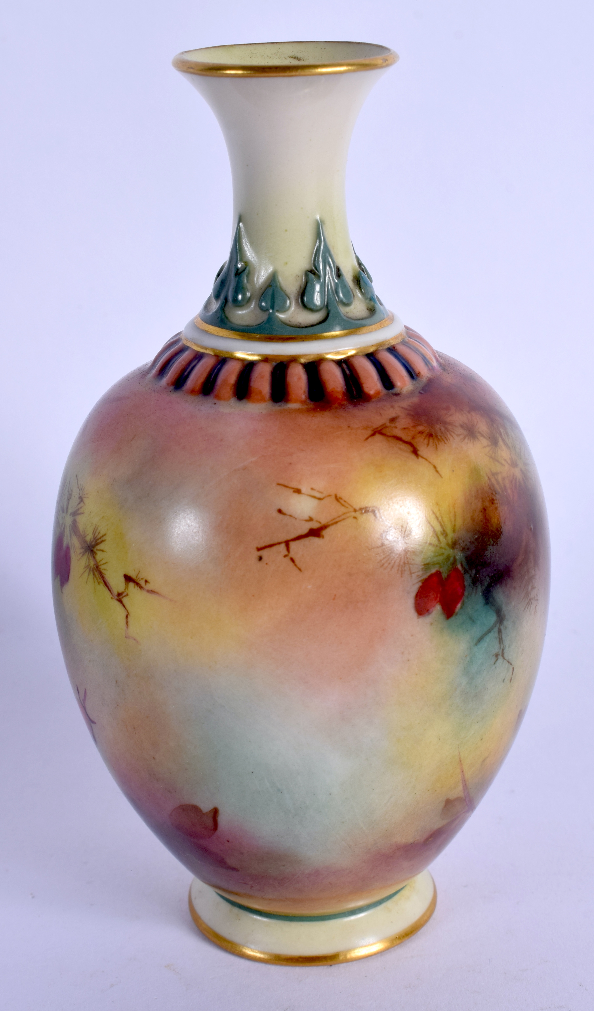 Royal Worcester amphora shaped vase painted with a Peacock date code 1908, shape 286 H. 11.5cm high - Image 2 of 3