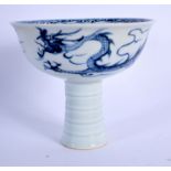 A CHINESE BLUE AND WHITE PORCELAIN STEM CUP 20th Century, painted with dragons. 10 cm high.