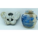 A Chinese Brush washer and a porcelain blue and white lidded tea jar 19.5 x 4 (2)