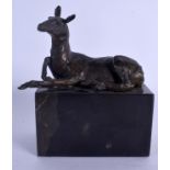 A CONTEMPORARY BRONZE FIGURE OF A DEER upon a marble base. Bronze 12 cm x 7 cm.