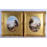 A LARGE PAIR OF ANTIQUE ROYAL WORCESTER PORCELAIN PLAQUES by Raymond Rushton, painted with landscape