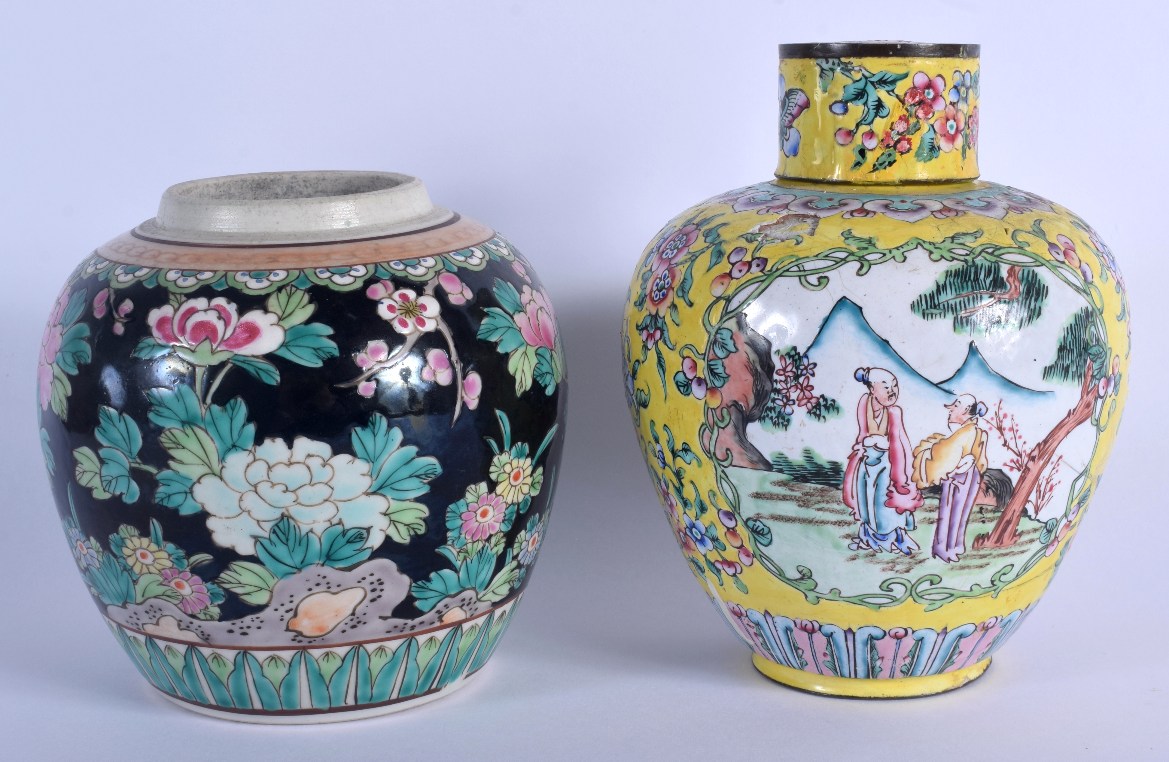 A 19TH CENTURY CHINESE FAMILLE ROSE STRAITS JAR AND COVER Qing, painted with flowers & a ginger jar.