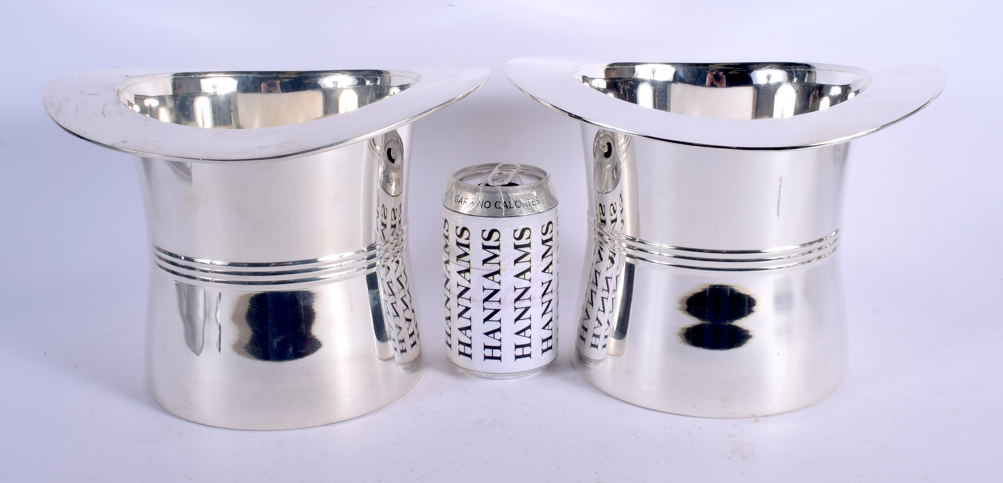 A LARGE PAIR OF SILVER PLATED TOP HAT WINE COOLERS. 18 cm x 16 cm.