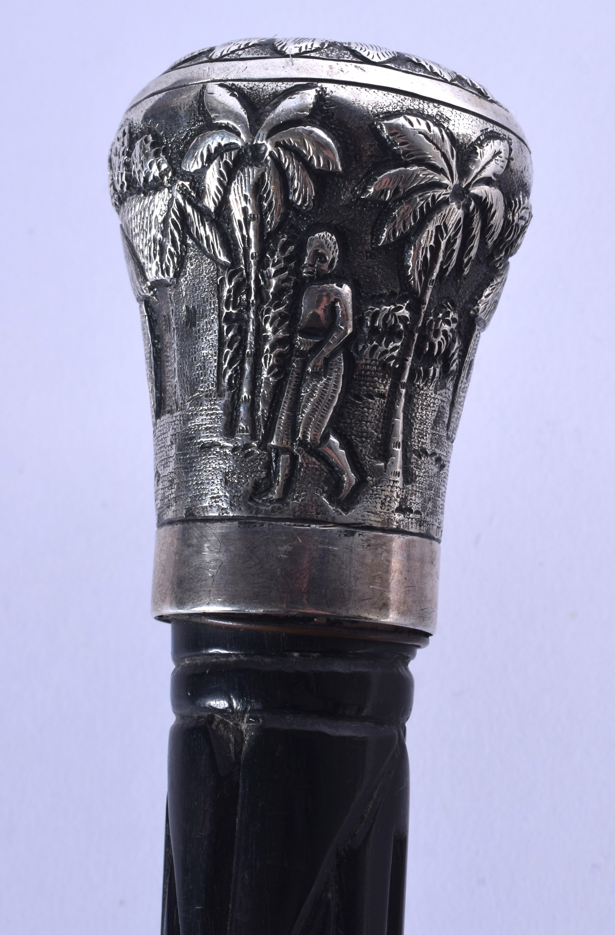 A 19TH CENTURY INDIAN SILVER MOUNTED HARDWOOD WALKING CANE decorated with figures and landscapes. 85 - Image 2 of 5