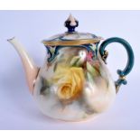 Hadleys rare teapot and cover painted with roses, green mark. 20cm wide