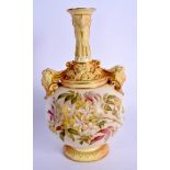 Royal Worcester vase with two mask and foliate moulded handles and a narrow flower moulded neck abo