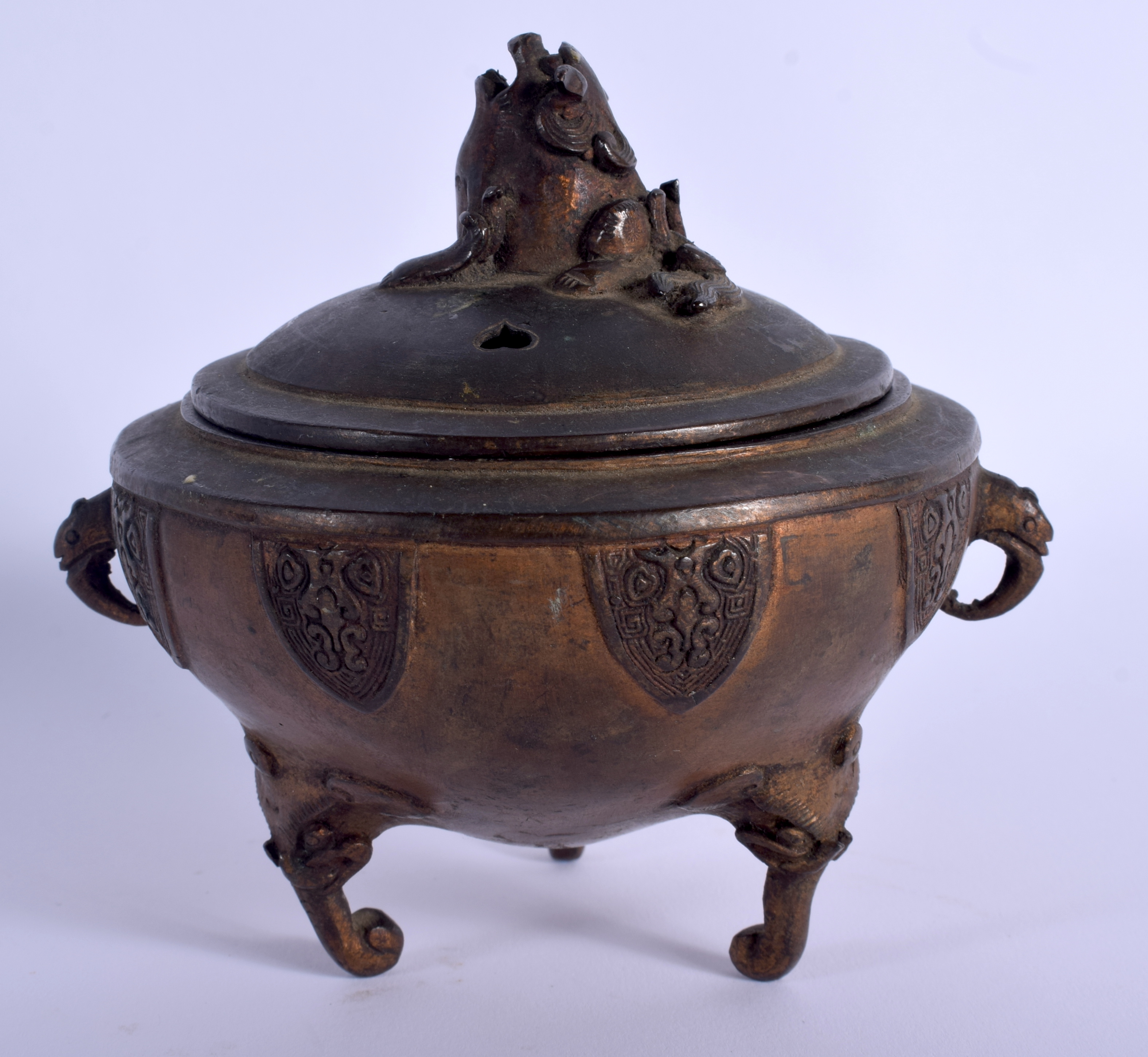 A 19TH CENTURY JAPANESE MEIJI PERIOD BRONZE CENSER AND COVER with foo dog finial. 12 cm x 10 cm. - Image 2 of 4