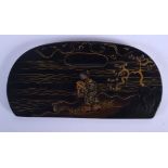 A 19TH CENTURY JAPANESE MEIJI PERIOD BLACK LACQUER DISH decorated with figures. 15 cm x 7 cm.