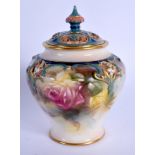 Hadley Worcester pot pourri and cover painted with pink and yellow roses c. 1900. 12.5cm high