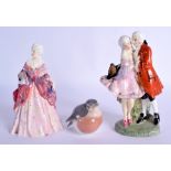 TWO ROYAL DOULTON FIGURES and a small Copenhagen bird. Largest 19 cm high. (3)