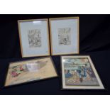 A Framed Japanese wood block print by Kunisada together with three other prints 33 x 23 cm(4)