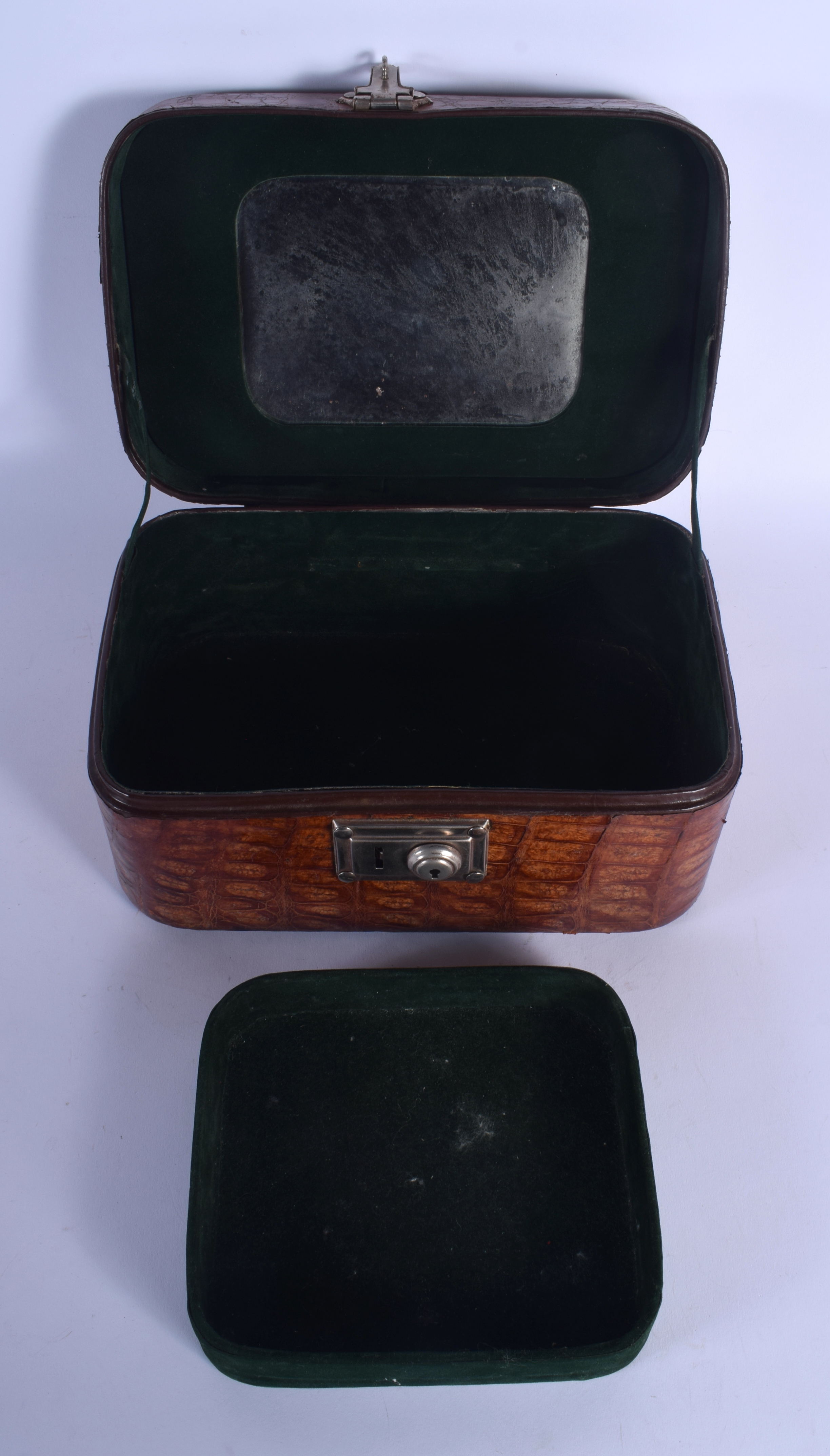 A RARE EDWARDIAN LEATHER CROCODILE SKIN GENTLEMAN'S CARRYING BOX with fitted interior. 27 cm x 15 cm - Image 5 of 5