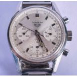 A LOVELY VINTAGE CARRERA HEUER STAINLESS STEEL MULTI DIAL WRISTWATCH with silvered numerals. 3.25 cm