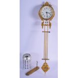 A 19TH CENTURY FRENCH BRONZE SWINGING CLOCK with engraved hanging plate. Clock 49 cm long. (2)