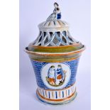 A RARE 18TH CENTURY ENGLISH PEARLWARE POTTERY WALL POCKET FORM VASE decorated with figures. 24 cm x