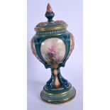 Late 19th c. Hadley Worcester pedestal bowl and cover painted with irises and roses. 19cm high
