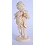 A 19TH CENTURY JAPANESE MEIJI PERIOD CARVED IVORY OKIMONO modelled as a male holding aloft a rabbit.