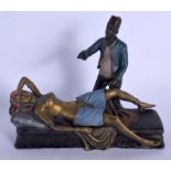 A CONTEMPORARY COLD PAINTED EROTIC BRONZE FIGURE OF AN ARABIC MALE beside a nude female. 18 cm x 16