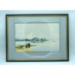 A framed watercolour of a Mediterranean coastal scene 26 x 41cm.