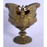 A 19TH CENTURY FRENCH BRONZE HELMET FORM VASE decorated with mask heads 15 cm x 12 cm.