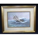 A framed print of a boat in rough seas by John Clancellor 38 x 26cm.