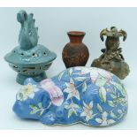A collection of Chinese porcelain including an incense burner, terracotta dragon jar etc 20cm (4