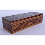 AN ANTIQUE ITALIAN SORRENTO WARE CARVED WOOD GLOVE BOX decorated with figures upon a donkey. 24 cm x