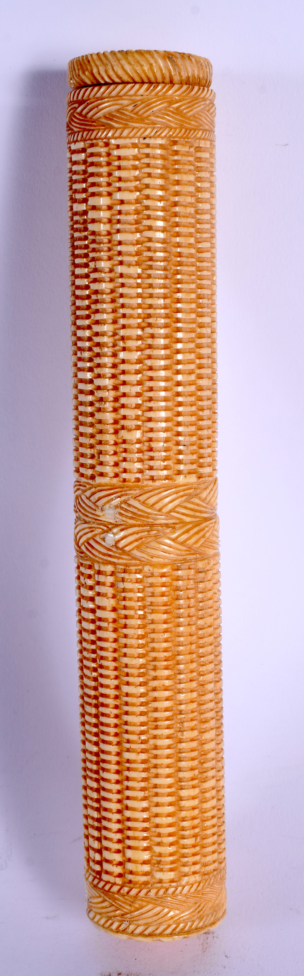 A CONTEMPORARY CONTINENTAL CARVED BONE SCROLL HOLDER. 17.5 cm long.