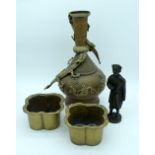 A large Chinese metal dragon vase, a bronze figure of a Chinese man servant and two planters. (4)