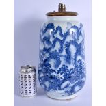 A LARGE 19TH CENTURY JAPANESE MEIJI PERIOD BLUE AND WHITE VASE converted to a lamp, painted with mou