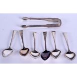 SIX ANTIQUE SILVER SPOONS and matching tongs. 144 grams overall. (7)