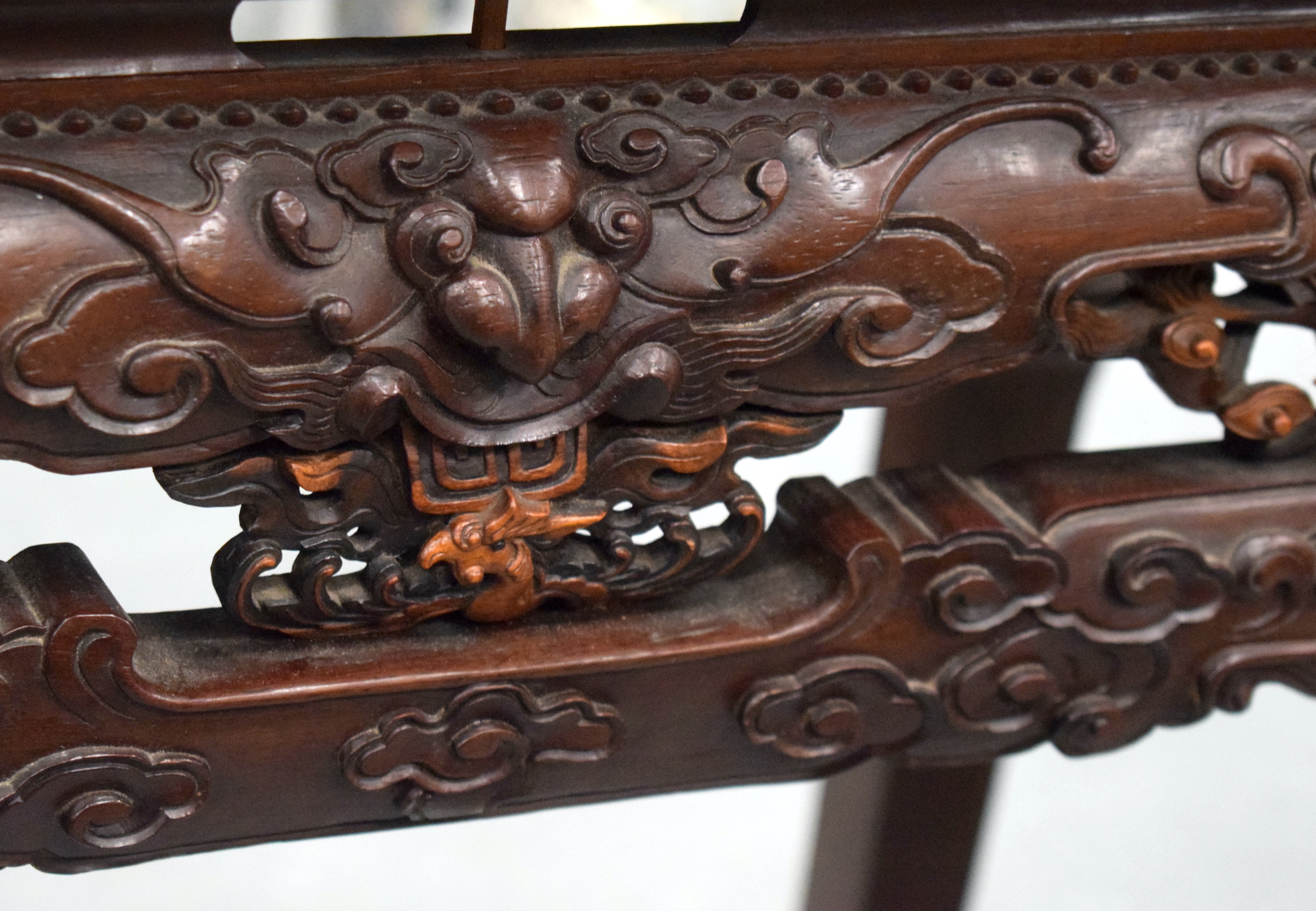A FINE 19TH CENTURY CHINESE CARVED HONGMU HARDWOOD TABLE Qing, carved with mask heads and extensive - Image 2 of 8