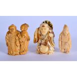 A 19TH CENTURY JAPANESE MEIJI PERIOD CARVED IVORY NETSUKE together with two others. Largest 5.5 cm x