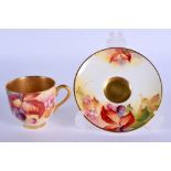 Royal Worcester demi tasse coffee cup and saucer painted with autumnal leaves and berries by Kitty B
