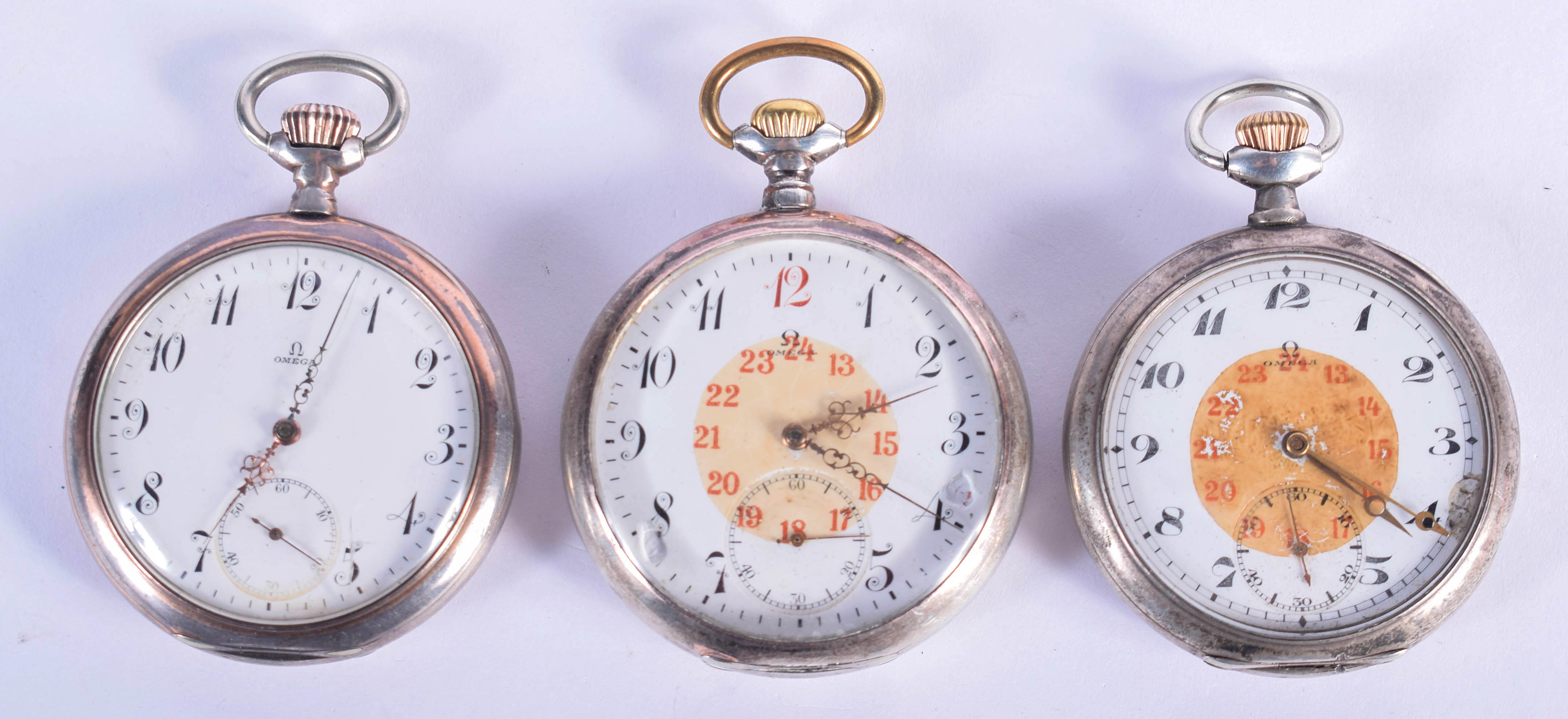 THREE OMEGA POCKET WATCHES. Largest 4.75 cm diameter. (3)