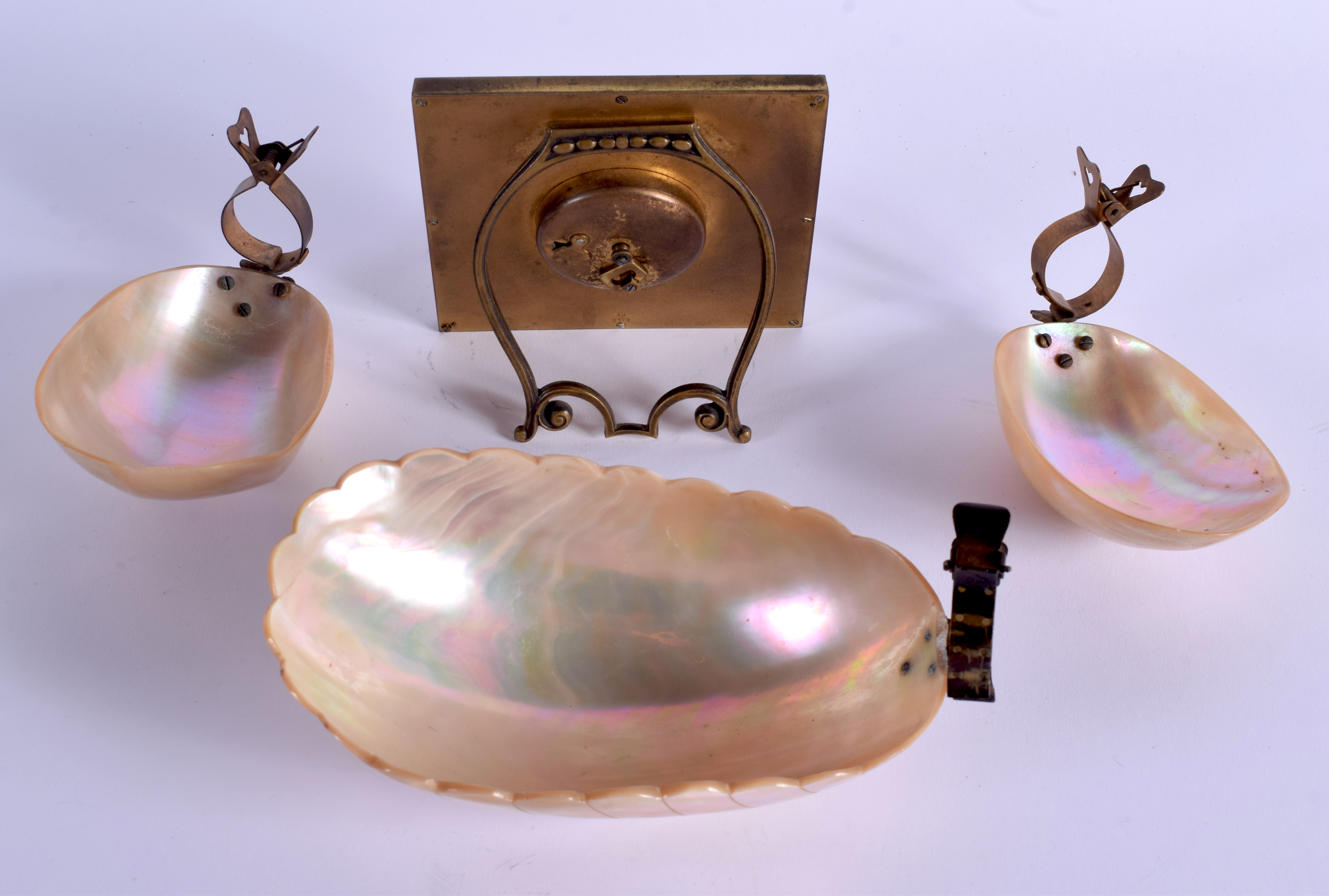 AN ART DECO EIGHT DAY ENAMEL CLOCK together with mother of pearl shell lights. (4) - Image 2 of 2