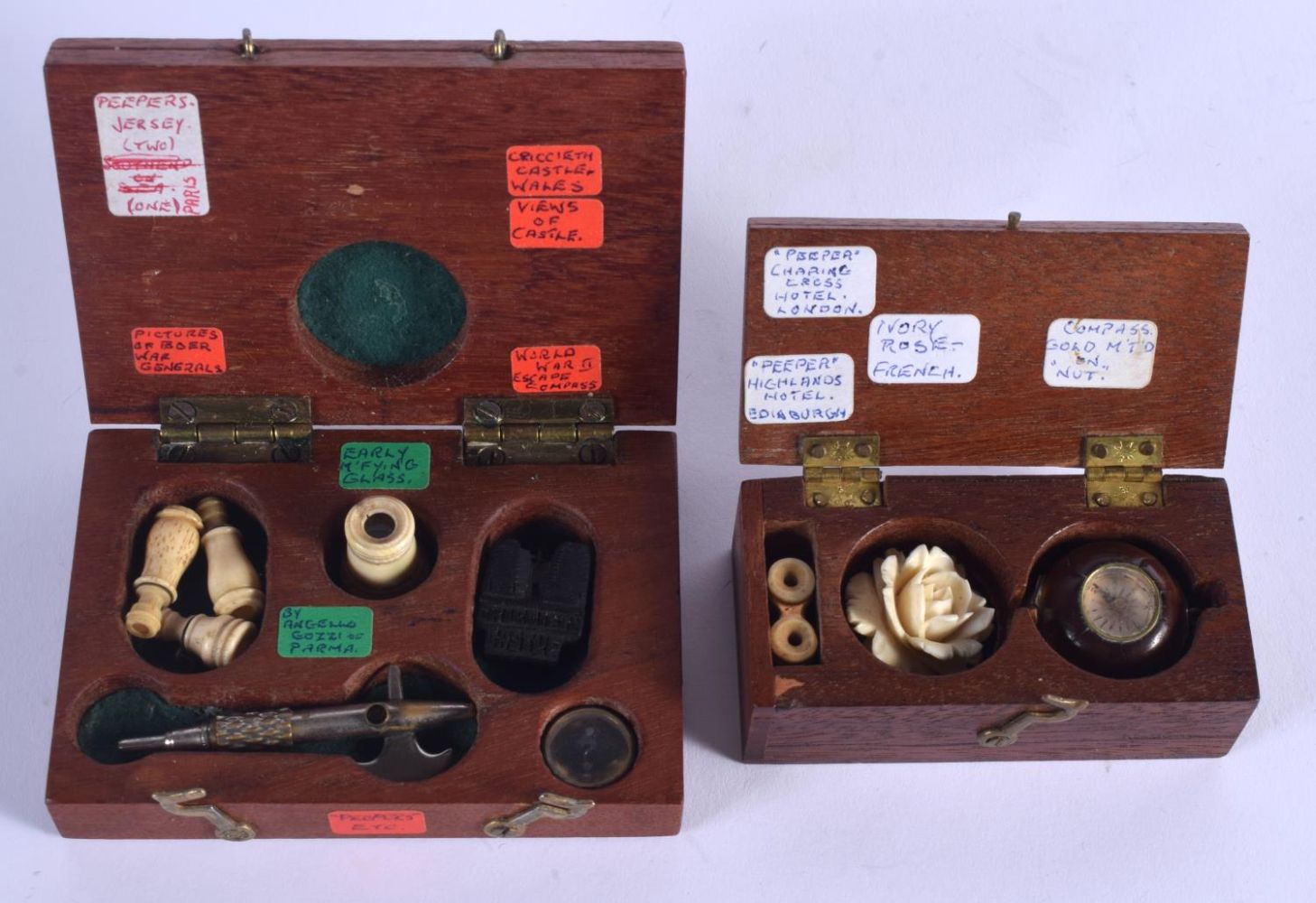 TWO LOVELY ANTIQUE MINIATURE TREEN BOXES containing miniature artefacts, including a magnifying glas