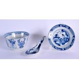 A 17TH CENTURY CHINESE BLUE AND WHITE PORCELAIN SAUCER Kangxi, together with a bowl etc. 9 cm wide.