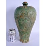 A CHINESE POTTERY CELADON INCISED VASE 20th Century. 35 cm high.