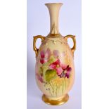 Royal Worcester two handled vase painted with flowers on a blush ivory ground, date code 1904, shape